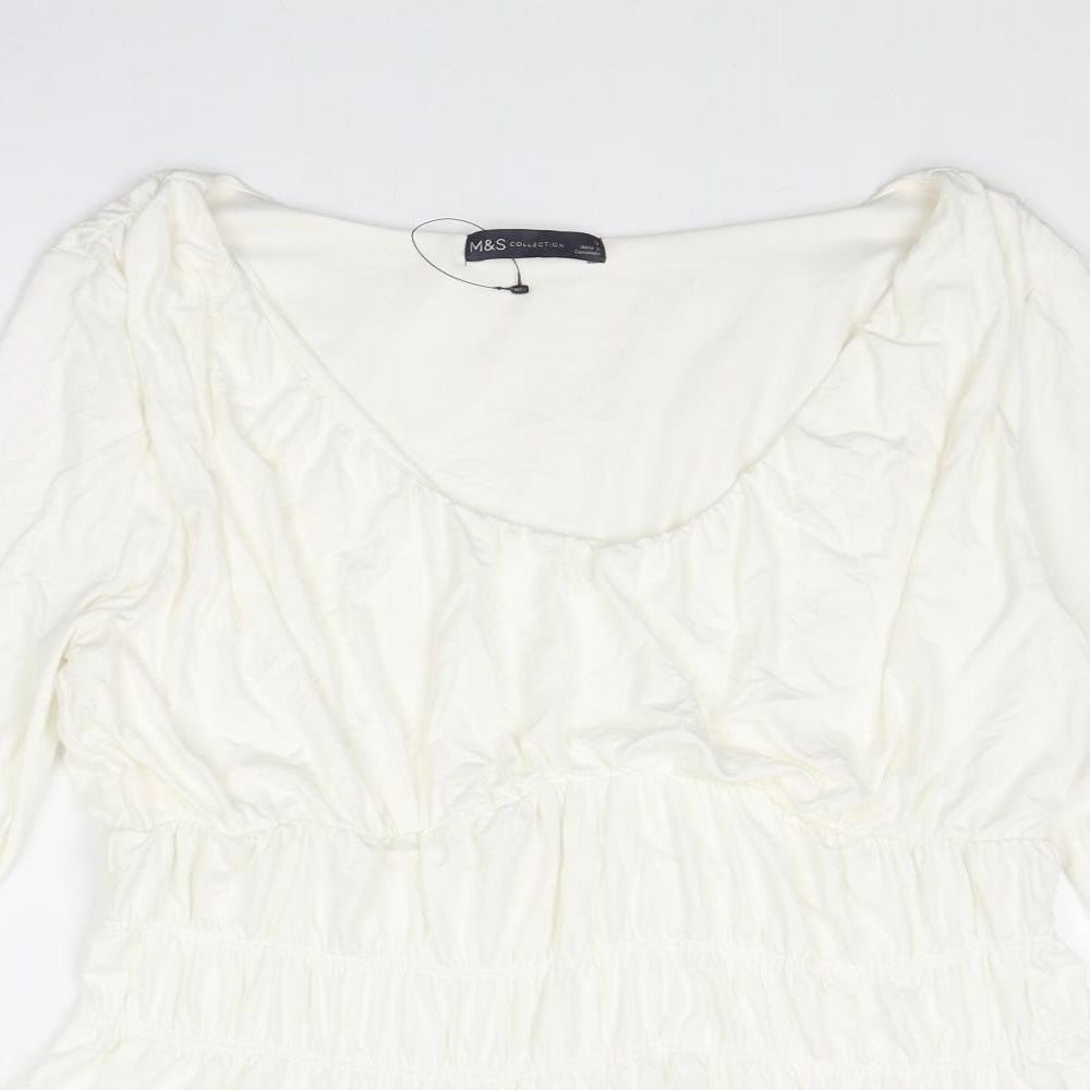 Marks and Spencer Womens White Viscose Basic T-Shirt Size 12 Scoop Neck - Peplum
