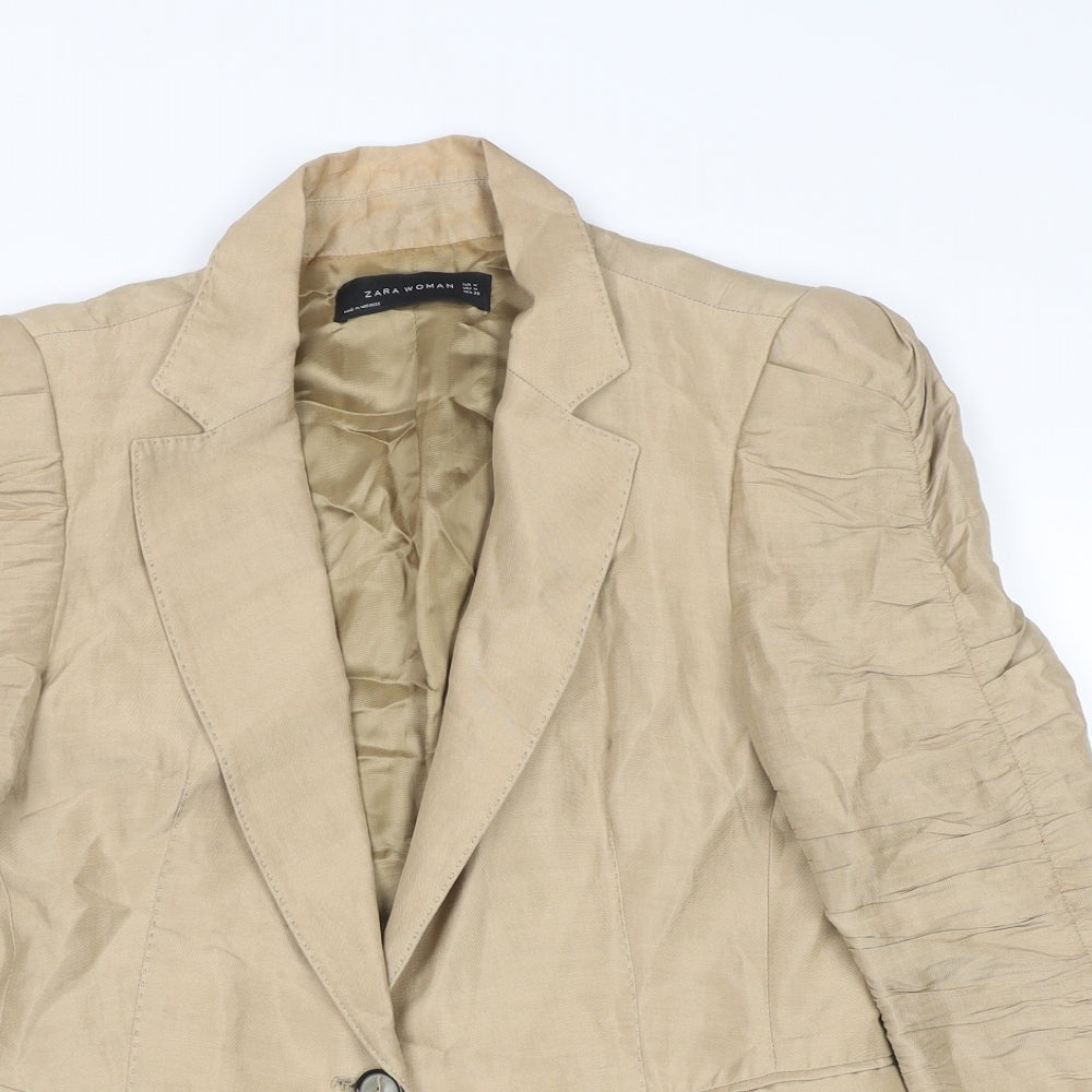 Zara Womens Beige Jacket Blazer Size M Button - Ruched Sleeve Detail