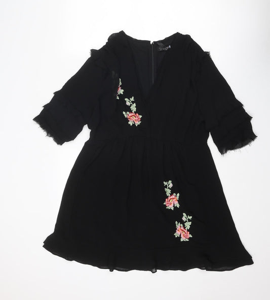 Topshop Womens Black Polyester Fit & Flare Size 18 V-Neck Zip - Flower detail