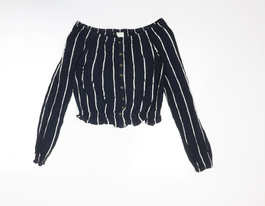 H&M Womens Blue Striped Viscose Cropped Blouse Size S Off the Shoulder