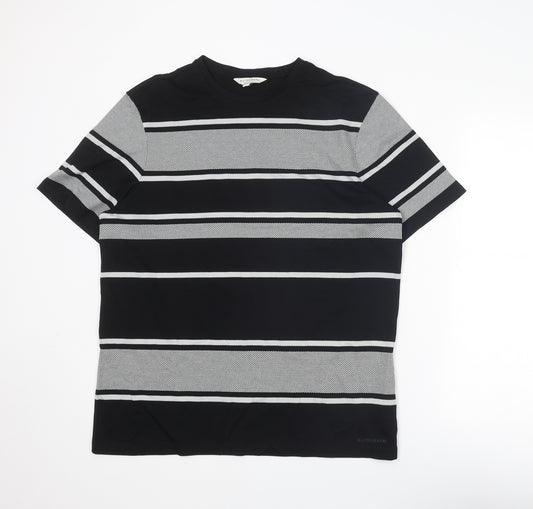 Autograph Mens Black Striped Cotton T-Shirt Size L Round Neck