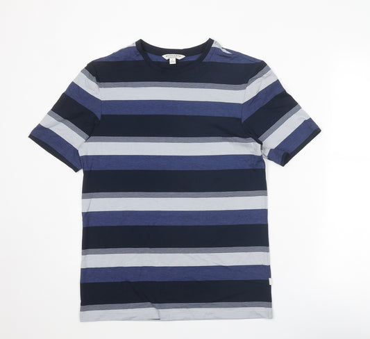 Autograph Mens Blue Striped Cotton T-Shirt Size S Round Neck