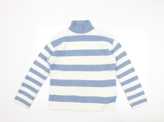 Marks and Spencer Womens Blue Mock Neck Striped Polyester Pullover Jumper Size M