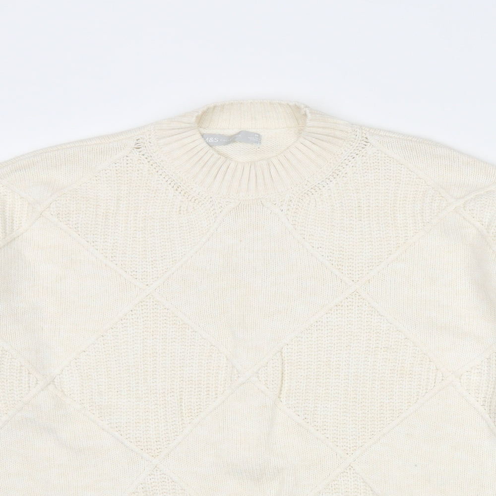 Marks and Spencer Womens Ivory Mock Neck Argyle/Diamond Cotton Pullover Jumper Size M