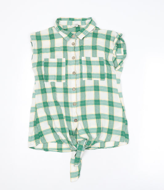 NEXT Womens Green Plaid Viscose Basic Button-Up Size 12 Collared - Tie Front Detail