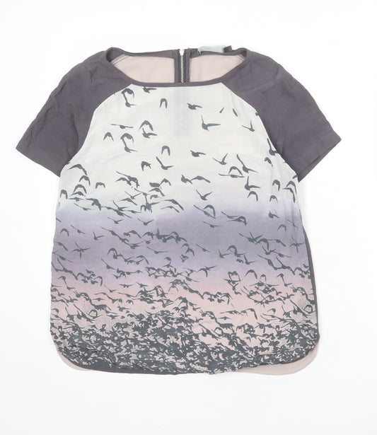 Mint Velvet Womens Multicoloured Geometric Silk Basic T-Shirt Size 10 Round Neck - Birds Print