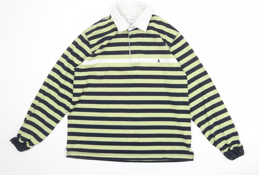 MUSTO Mens Green Striped 100% Cotton Polo Size L Collared Button