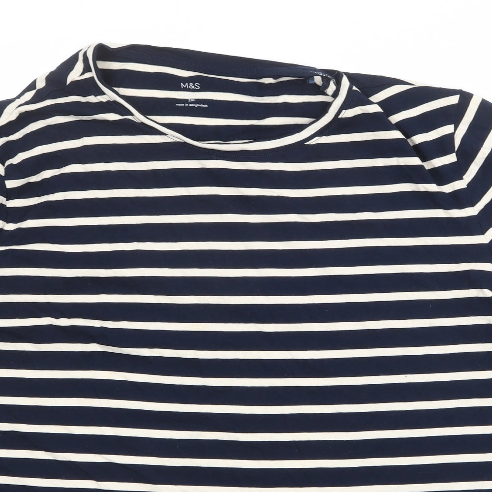 Marks and Spencer Mens Blue Striped Cotton T-Shirt Size 2XL Crew Neck