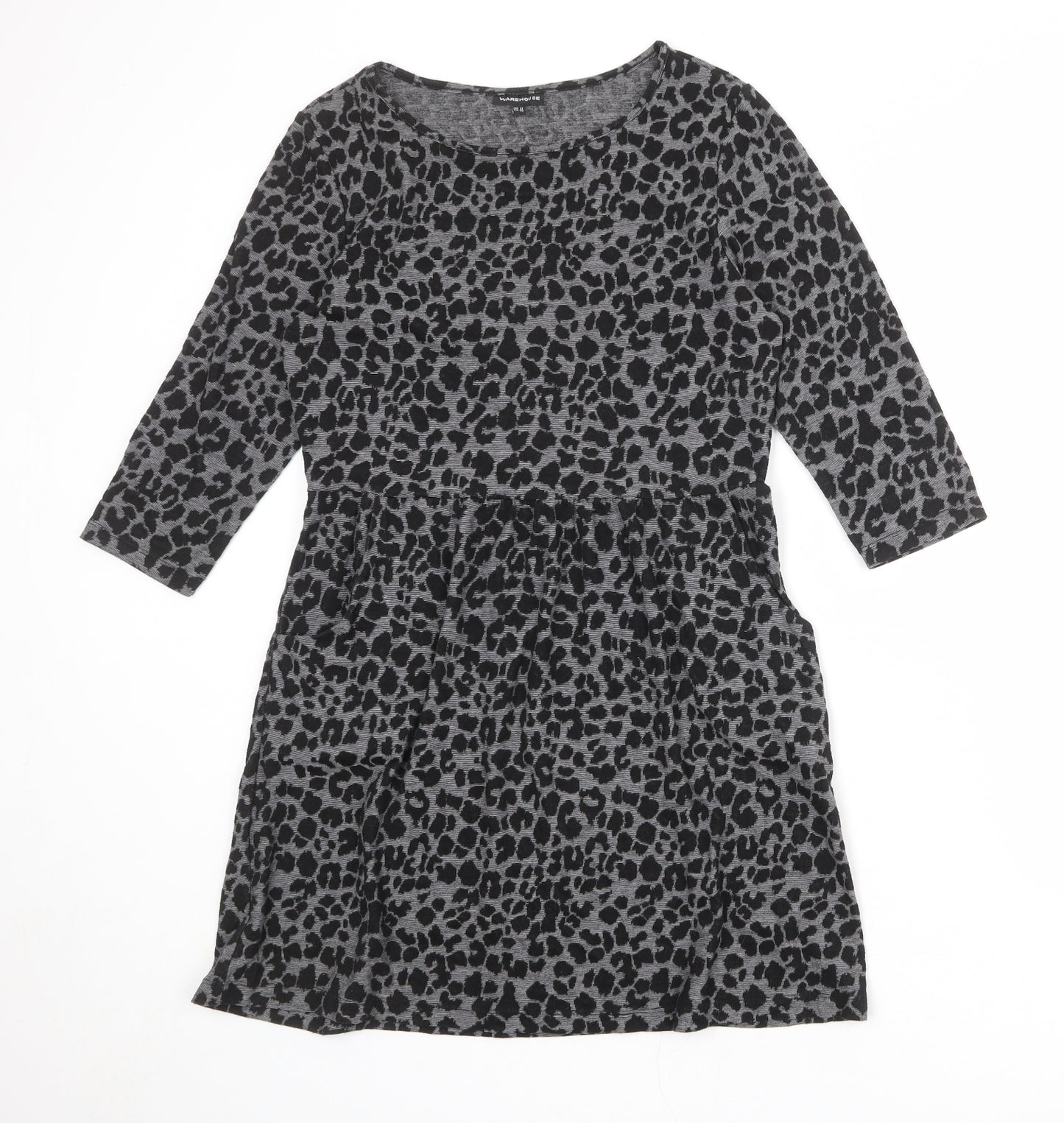 Warehouse Womens Grey Animal Print Polyester Jumper Dress Size 12 Round Neck Pullover - Leopard pattern