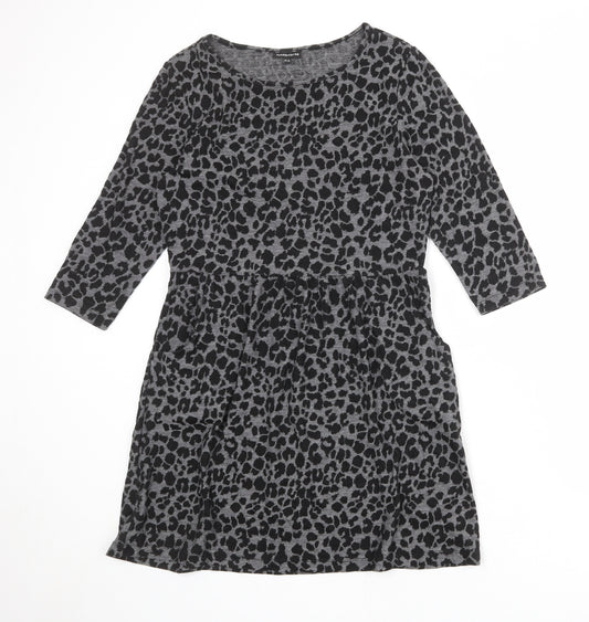 Warehouse Womens Grey Animal Print Polyester Jumper Dress Size 12 Round Neck Pullover - Leopard pattern