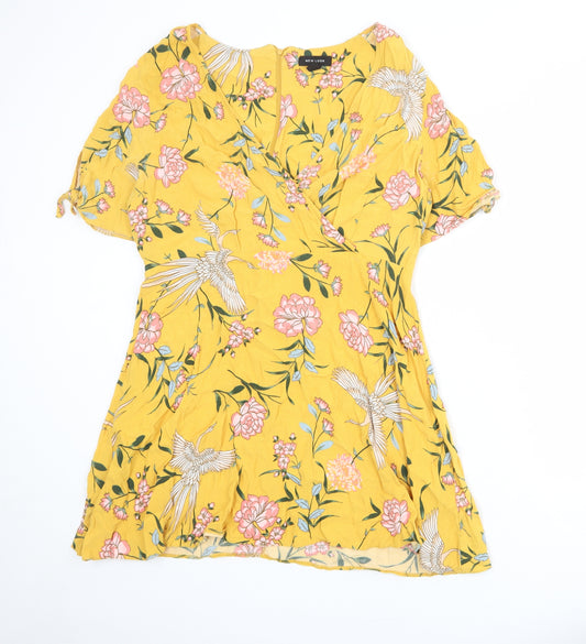 New Look Womens Yellow Floral Viscose Skater Dress Size 18 V-Neck Zip - Bird pattern