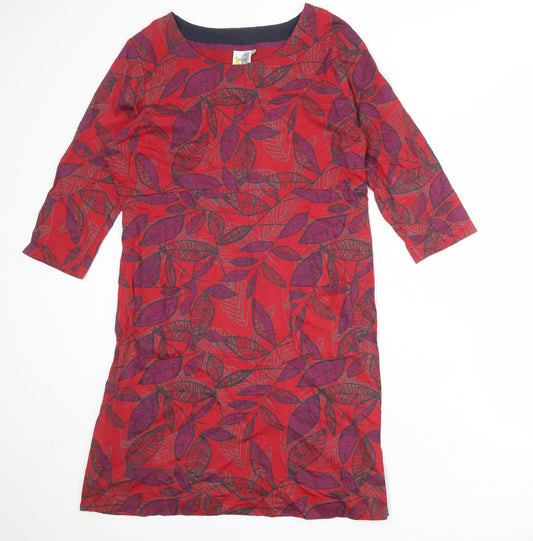 Weird Fish Womens Red Geometric 100% Cotton Jumper Dress Size 18 Round Neck Pullover - Leaf pattern