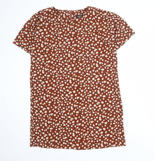 Boohoo Womens Brown Floral Polyester A-Line Size 12 Round Neck Zip