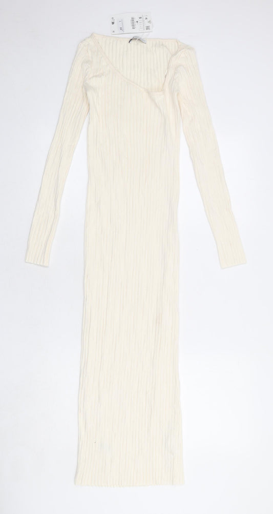 Zara Womens Ivory Cotton Jumper Dress Size S Scoop Neck Pullover