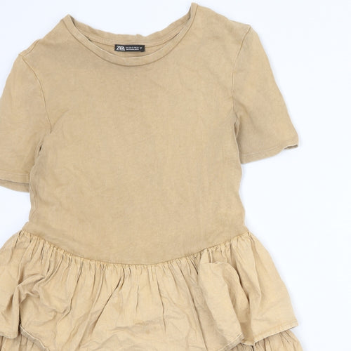 Zara Womens Brown 100% Cotton T-Shirt Dress Size M Round Neck Pullover