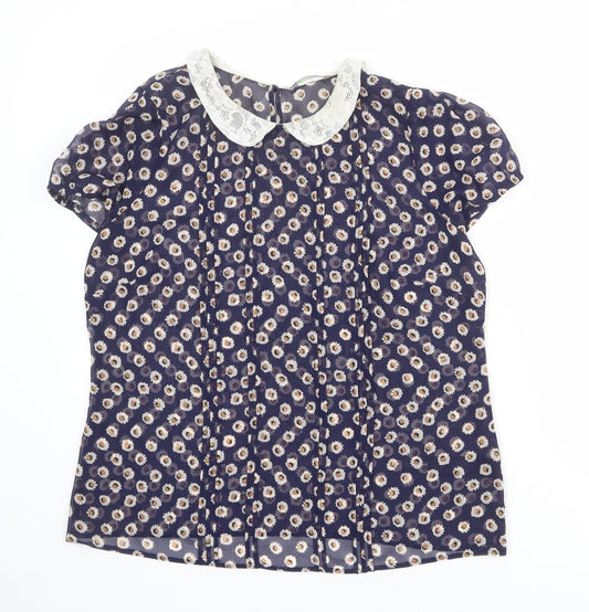 Marks and Spencer Womens Blue Floral Polyester Basic Blouse Size 14 Collared - Daisy, Lace Collar