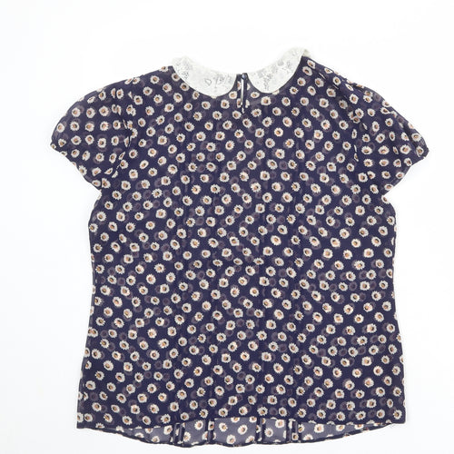 Marks and Spencer Womens Blue Floral Polyester Basic Blouse Size 14 Collared - Daisy, Lace Collar