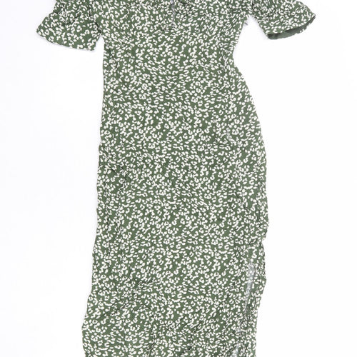 Bershka Womens Green Animal Print Viscose A-Line Size S Square Neck Zip - Leopard pattern