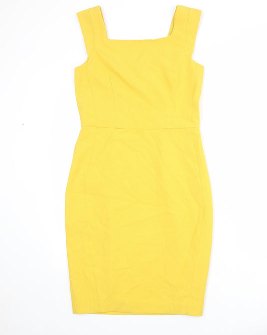 French Connection Womens Yellow Polyester Bodycon Size 12 Square Neck Zip