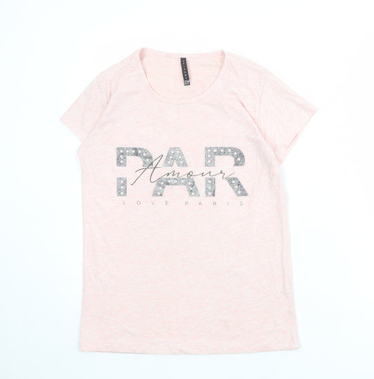Kafkame Womens Pink 100% Cotton Basic T-Shirt Size M Round Neck - Paris