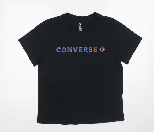 Converse Womens Black Cotton Basic T-Shirt Size L Crew Neck