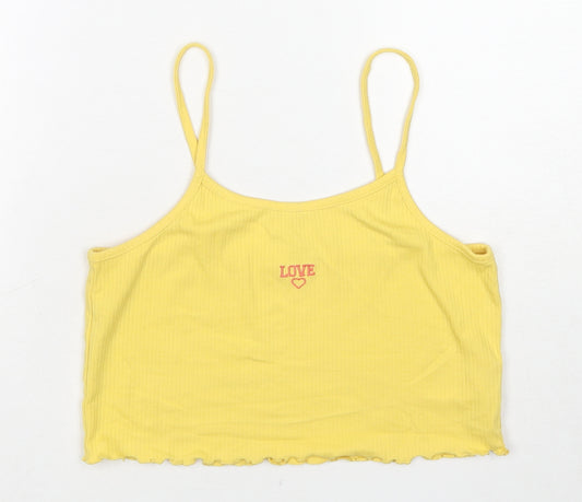River Island Girls Yellow Cotton Cropped Tank Size 13-14 Years Round Neck Pullover - Love