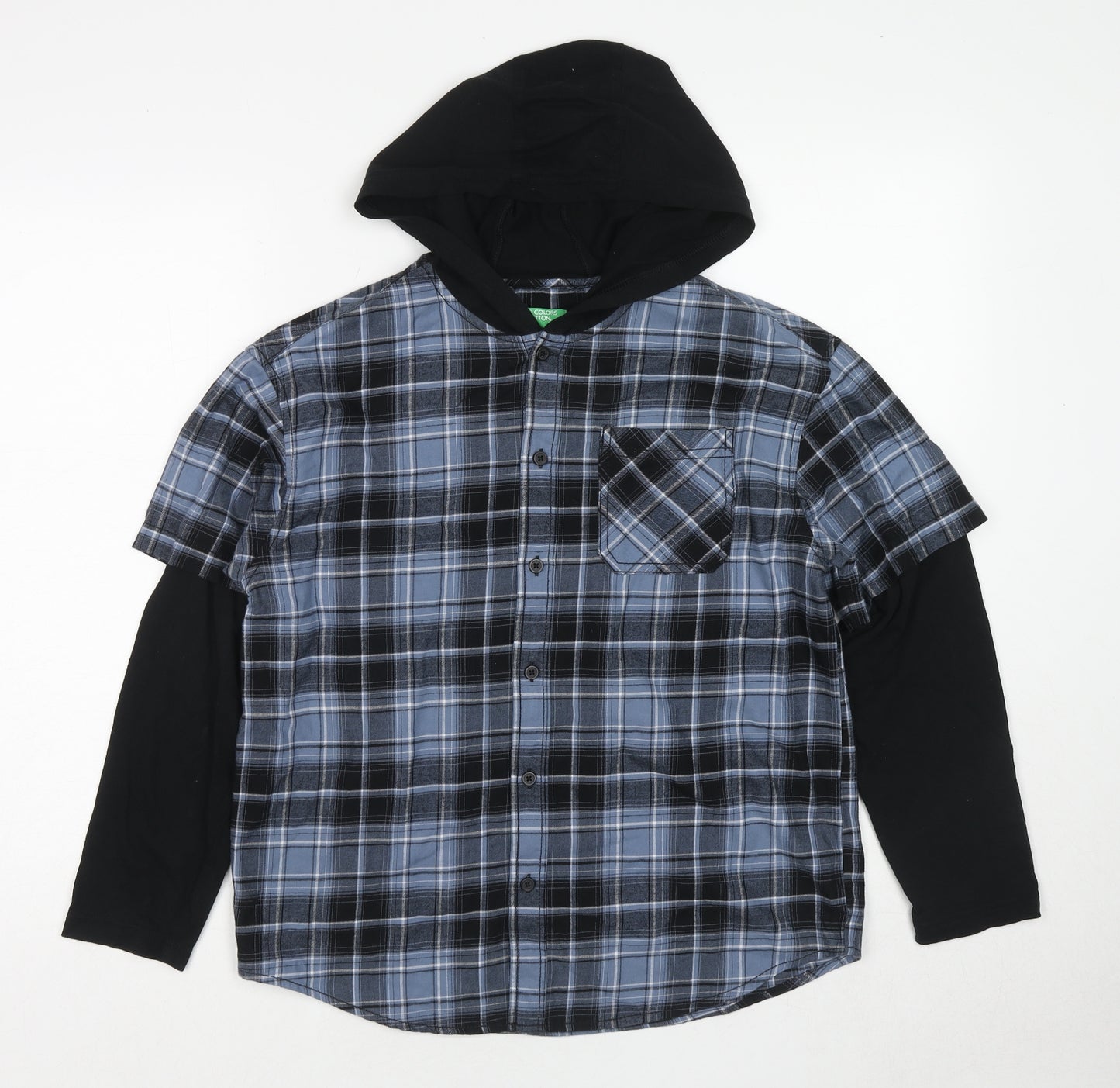 United Colors of Benetton Boys Blue Plaid Cotton Basic Button-Up Size 10-11 Years Round Neck Pullover