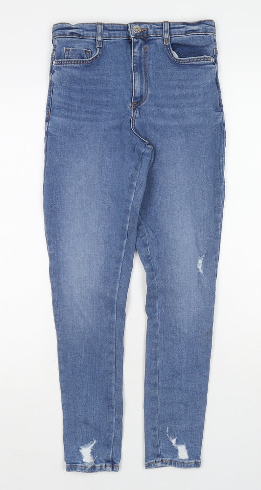 River Island Girls Blue Cotton Skinny Jeans Size 12 Years Regular Zip - Distressed