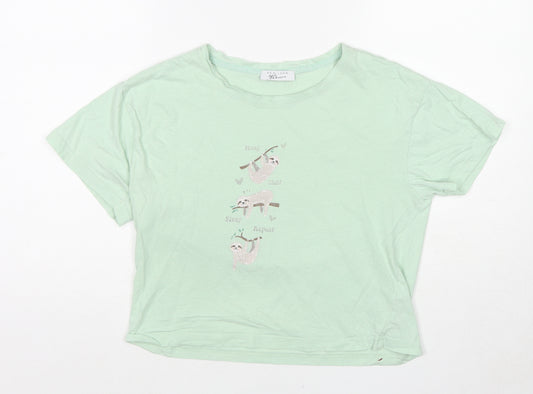 New Look Girls Green Cotton Pullover T-Shirt Size S Boat Neck Pullover - Sloth