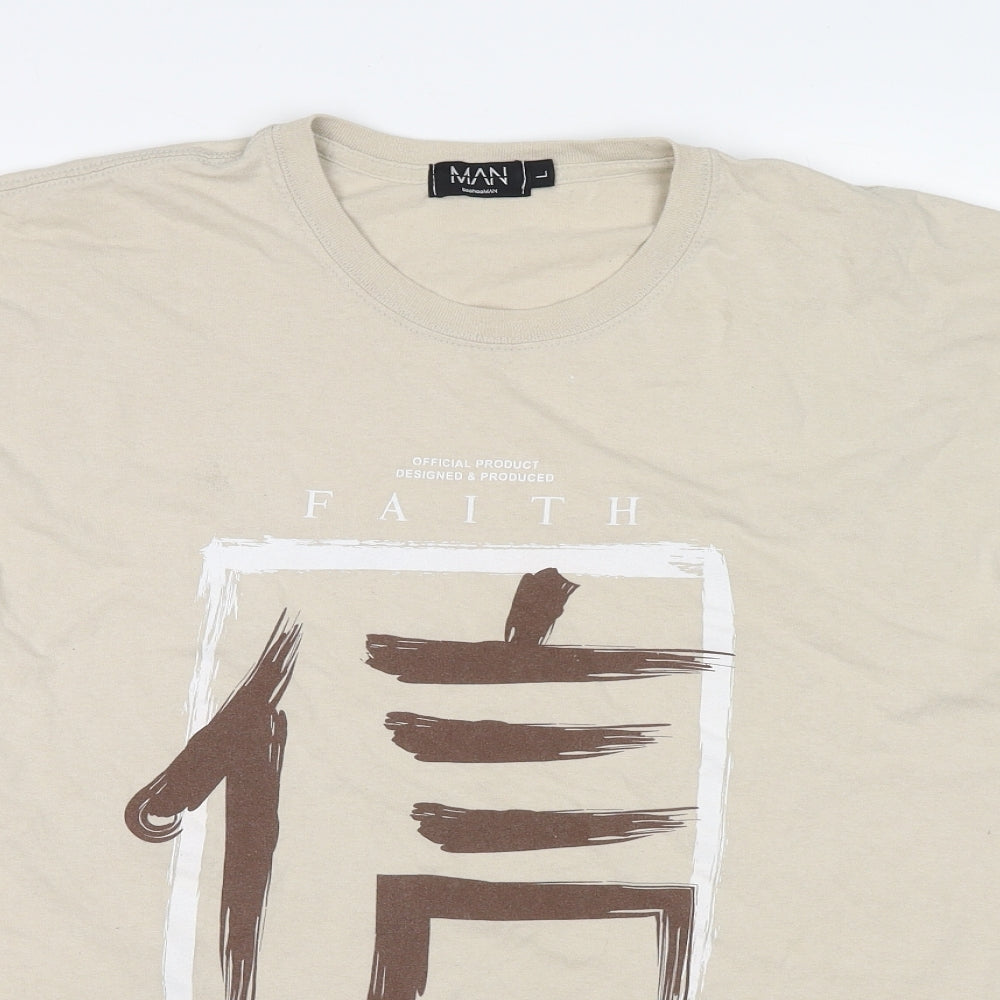 Boohoo Mens Beige Cotton T-Shirt Size L Round Neck - Faith