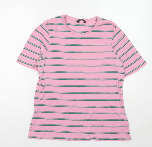 Marks and Spencer Womens Pink Striped Cotton Basic T-Shirt Size 18 Round Neck