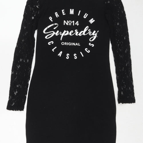 Superdry Womens Black Cotton Bodycon Size 8 Round Neck Pullover