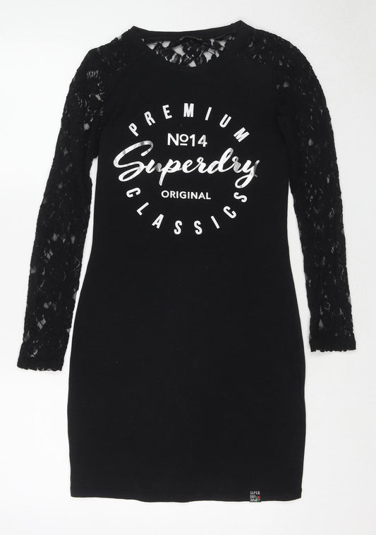 Superdry Womens Black Cotton Bodycon Size 8 Round Neck Pullover