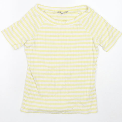 Marks and Spencer Womens Yellow Striped Cotton Basic T-Shirt Size 14 Round Neck