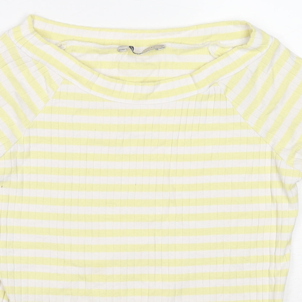 Marks and Spencer Womens Yellow Striped Cotton Basic T-Shirt Size 14 Round Neck