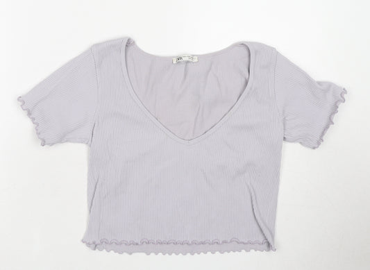 Zara Womens Purple Cotton Cropped T-Shirt Size L V-Neck - Ribbed
