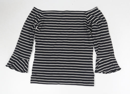 Whistles Womens Black Striped Viscose Basic T-Shirt Size 8 Off the Shoulder - Ruffle Sleeve