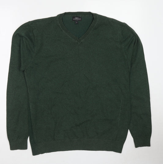 Firetrap Mens Green V-Neck Cotton Pullover Jumper Size M Long Sleeve