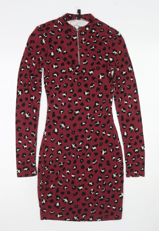 Divided by H&M Womens Red Animal Print Polyester Bodycon Size 4 Round Neck Zip - Leopard pattern