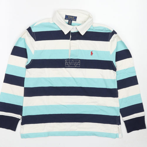 Ralph Lauren Boys Blue Striped Cotton Basic Polo Size 10-11 Years Collared Pullover - Age 10-12 Years