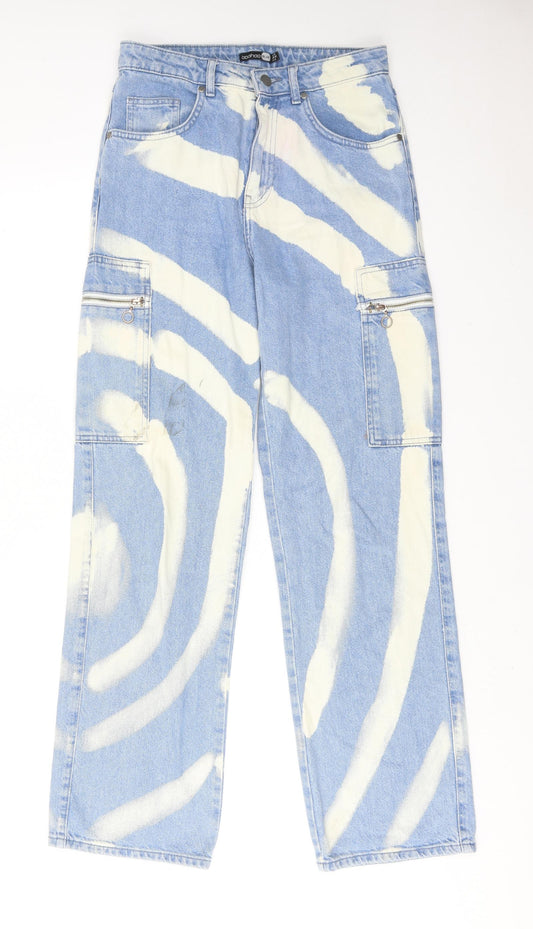 Boohoo Womens Blue Geometric Cotton Straight Jeans Size 10 Regular Zip