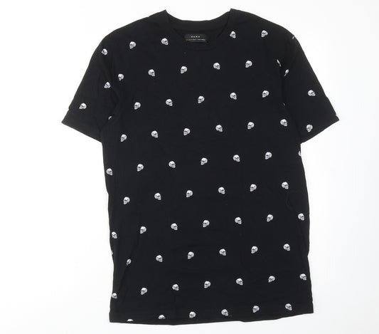 Zara Womens Black Geometric Cotton Basic T-Shirt Size M Crew Neck - Skull Print