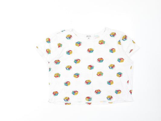 Messy Bun Womens White Geometric Cotton Cropped T-Shirt Size L Crew Neck - Rubik's Cube Print