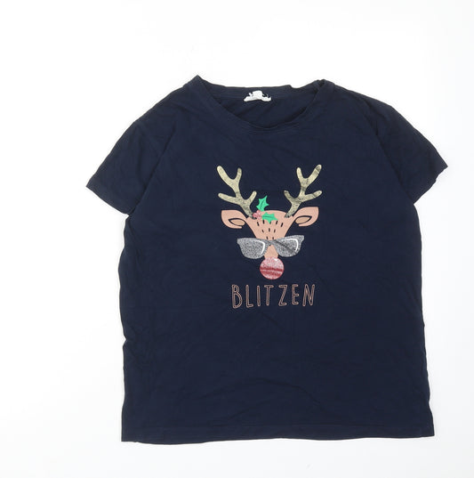 Society Eight Girls Blue Cotton Basic T-Shirt Size 13-14 Years Round Neck Pullover - Christmas Reindeer