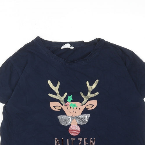 Society Eight Girls Blue Cotton Basic T-Shirt Size 13-14 Years Round Neck Pullover - Christmas Reindeer