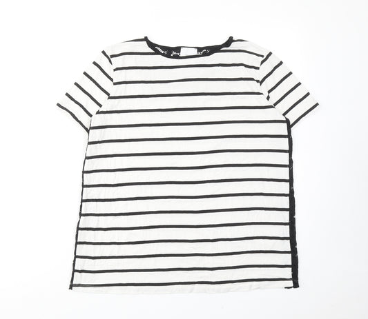 ASOS Womens White Striped Viscose Basic T-Shirt Size 12 Round Neck - Lace Details