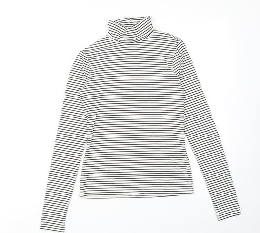 H&M Womens White Striped Polyester Basic T-Shirt Size XS Roll Neck