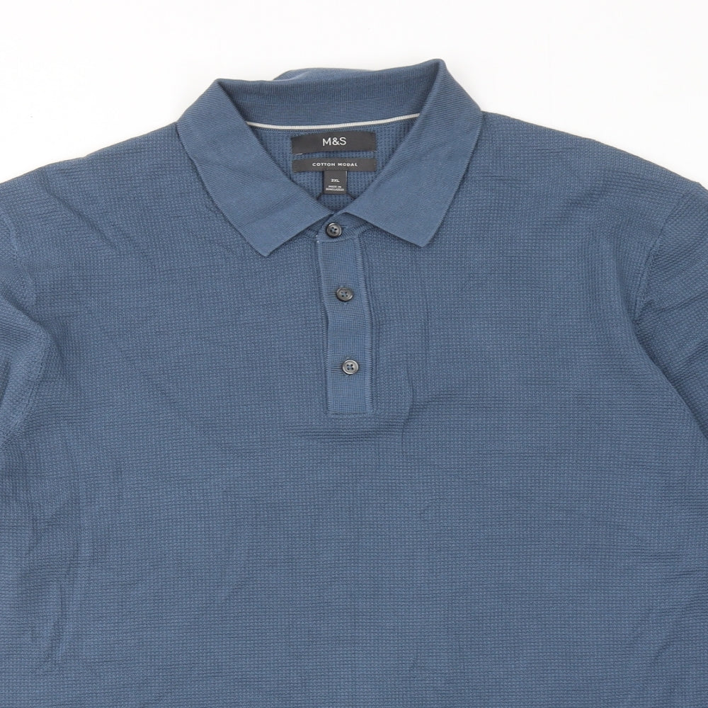 Marks and Spencer Mens Blue Cotton Polo Size 2XL Collared Button