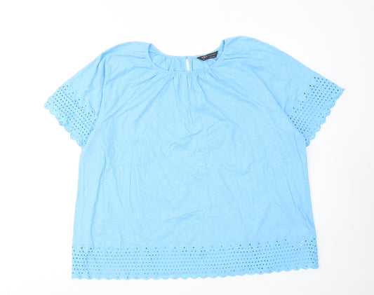 Marks and Spencer Womens Blue Cotton Basic T-Shirt Size 12 Round Neck - Broderie Anglaise Details