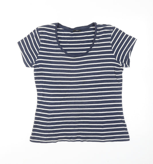 M&Co Womens Blue Striped Cotton Basic T-Shirt Size 16 Scoop Neck